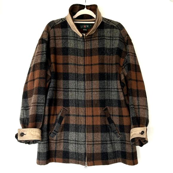J. Crew Other - Vintage J.Crew Made in USA Wool Plaid Zip Jacket Brown Gray Check L Workwear EUC